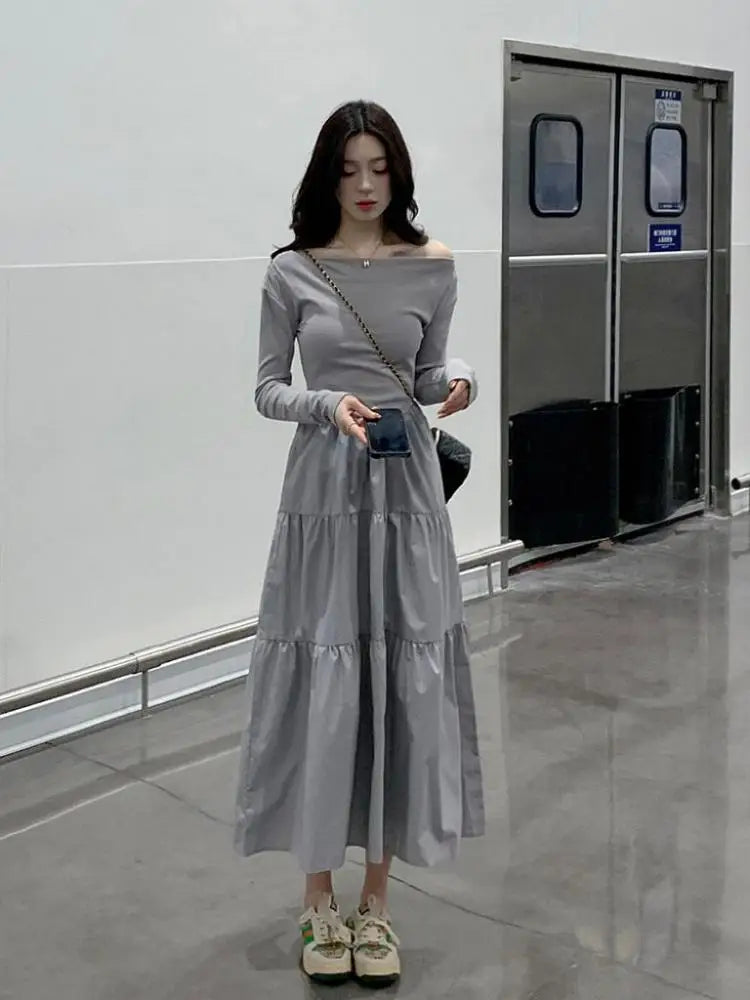 Autumn Gray Elegant High Waist Evening Party Dresses Women Long Sleeve Off Shoulder Sexy Club Pleated Long Dress French Popular