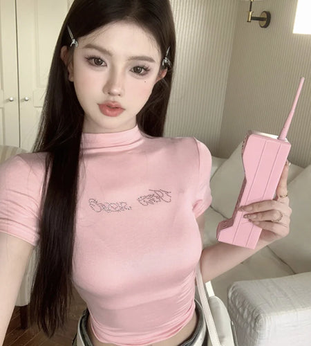 2025 Letter Rhinestones Short Sleeve T-shirts Half High Collar Basic Vintage Cropped Tops Women Y2k Aesthetic Slim Harajuku Tees