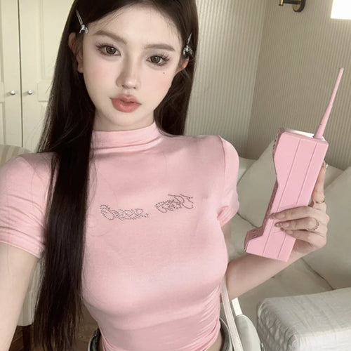 Load image into Gallery viewer, 2025 Letter Rhinestones Short Sleeve T-shirts Half High Collar Basic Vintage Cropped Tops Women Y2k Aesthetic Slim Harajuku Tees
