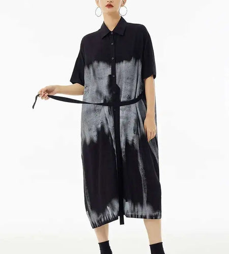 Women Green Pattern Printed Belted Big Size Shirt Dress New Lapel Short Sleeve Fashion Tide Spring Summer 2025  1DH5759