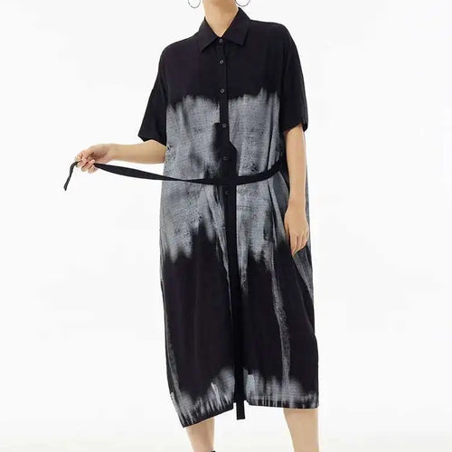 Load image into Gallery viewer, Women Green Pattern Printed Belted Big Size Shirt Dress New Lapel Short Sleeve Fashion Tide Spring Summer 2025  1DH5759
