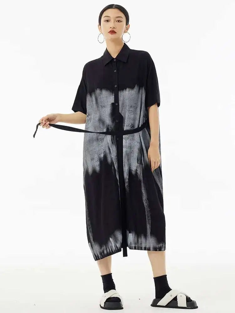 Women Green Pattern Printed Belted Big Size Shirt Dress New Lapel Short Sleeve Fashion Tide Spring Summer 2025  1DH5759