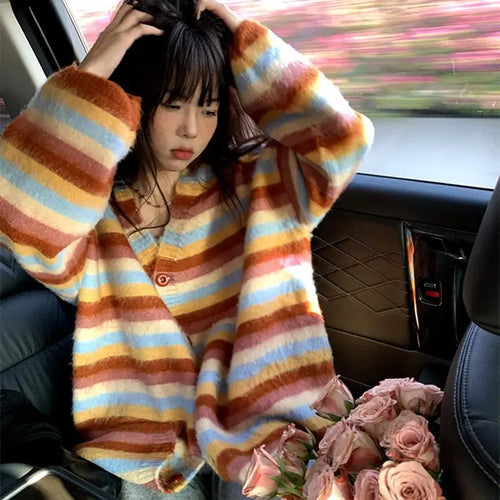 Load image into Gallery viewer, Vintage Striped Cardigan Korean Chic Y2k Aesthetic Sweater Coat 2025 Autumn New Harajuku Kardigany Jumper Pull  Femme
