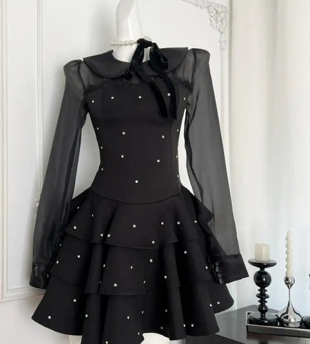 Autumn Vintage Black Dot Elegant Festival Long Sleeve Mini Dresses French Women Evening Party Pleated Short Dress Fashion Ladies