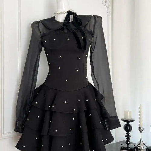 Load image into Gallery viewer, Autumn Vintage Black Dot Elegant Festival Long Sleeve Mini Dresses French Women Evening Party Pleated Short Dress Fashion Ladies
