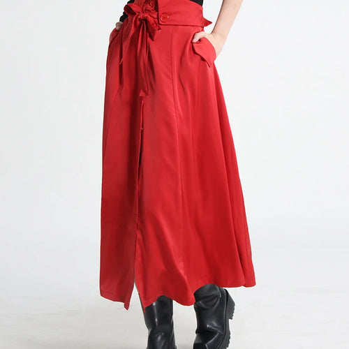Load image into Gallery viewer, Korean Fashion Pleated Long Skirt For Women High Waist Lace Up Solid Casual Minimalsit Midi Skirts Female Clothing
