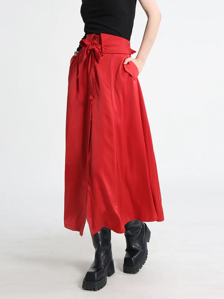 Korean Fashion Pleated Long Skirt For Women High Waist Lace Up Solid Casual Minimalsit Midi Skirts Female Clothing