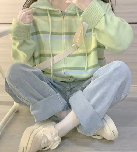 Y2k Aesthetic Stripe Hoodes Cardigans Double Zipper Women Casual Knitwear Harajuku Ladies Jacket Vintage Loose Grunge Sweater