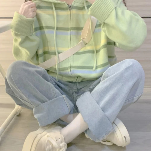 Load image into Gallery viewer, Y2k Aesthetic Stripe Hoodes Cardigans Double Zipper Women Casual Knitwear Harajuku Ladies Jacket Vintage Loose Grunge Sweater
