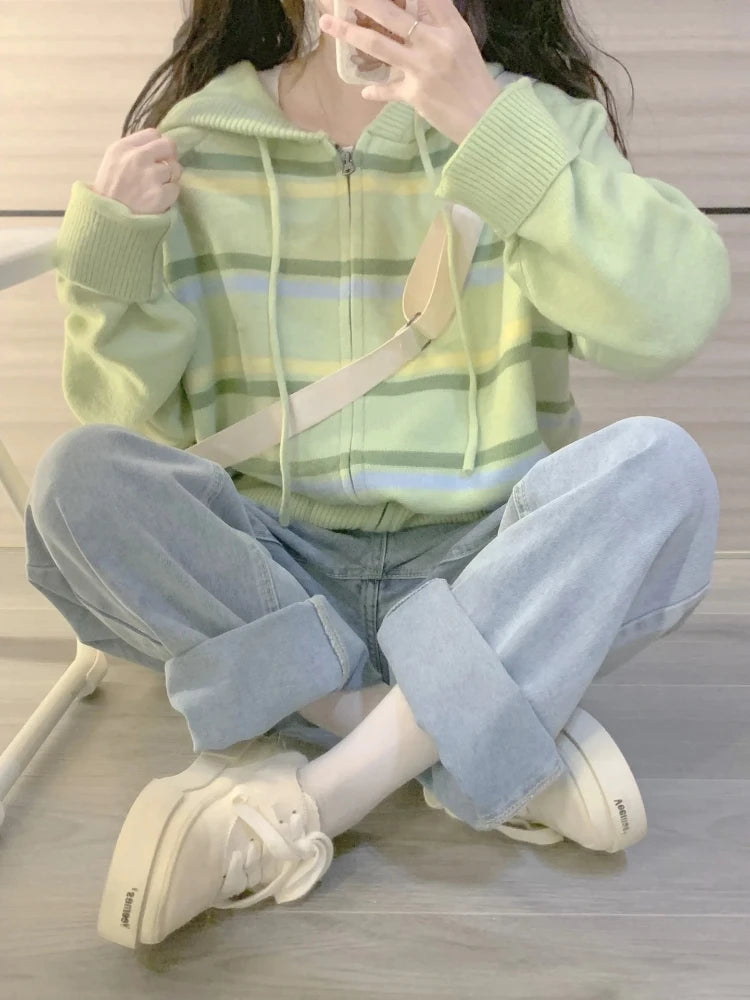 Y2k Aesthetic Stripe Hoodes Cardigans Double Zipper Women Casual Knitwear Harajuku Ladies Jacket Vintage Loose Grunge Sweater