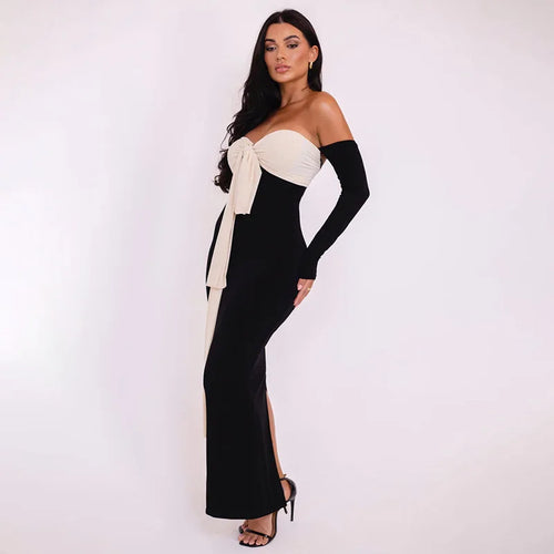 Load image into Gallery viewer, Patchwork Off-shoulder Sexy Maxi Dress For Women Gown Contrast Color Strapless Long Sleeve Bodycon Sexy Long Dress
