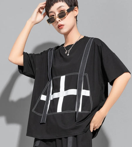Women Black Color-block Ribbons Big Size T-shirt New Round Neck Short Sleeve Fashion Tide Spring Summer 2025 1DJ1808