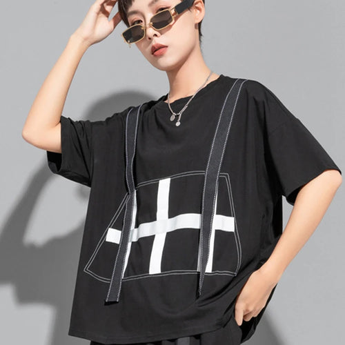 Load image into Gallery viewer, Women Black Color-block Ribbons Big Size T-shirt New Round Neck Short Sleeve Fashion Tide Spring Summer 2025 1DJ1808
