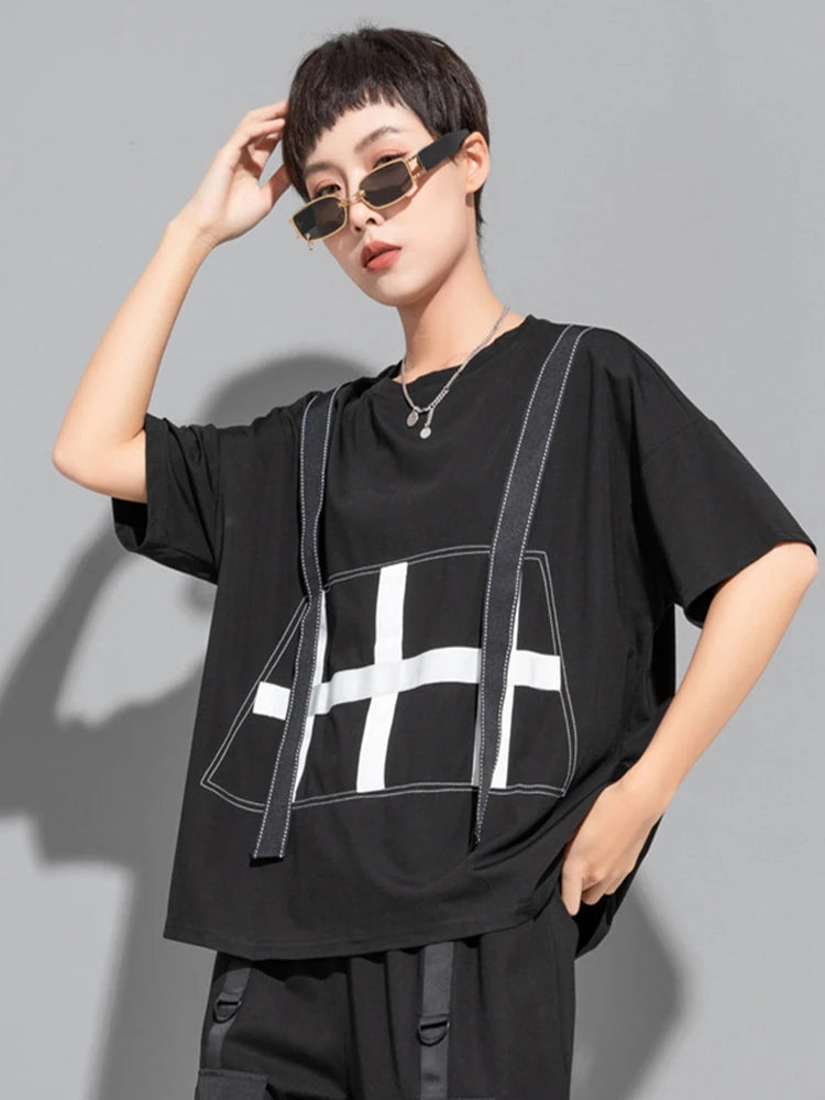 Women Black Color-block Ribbons Big Size T-shirt New Round Neck Short Sleeve Fashion Tide Spring Summer 2025 1DJ1808