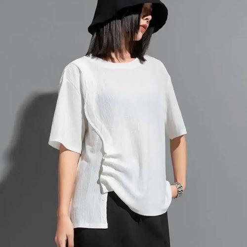 Load image into Gallery viewer, Women White Irregular Pleated Big Size Casual T-shirt New Round Neck Short Sleeve Fashion Tide Spring Summer 2025 1DF8661
