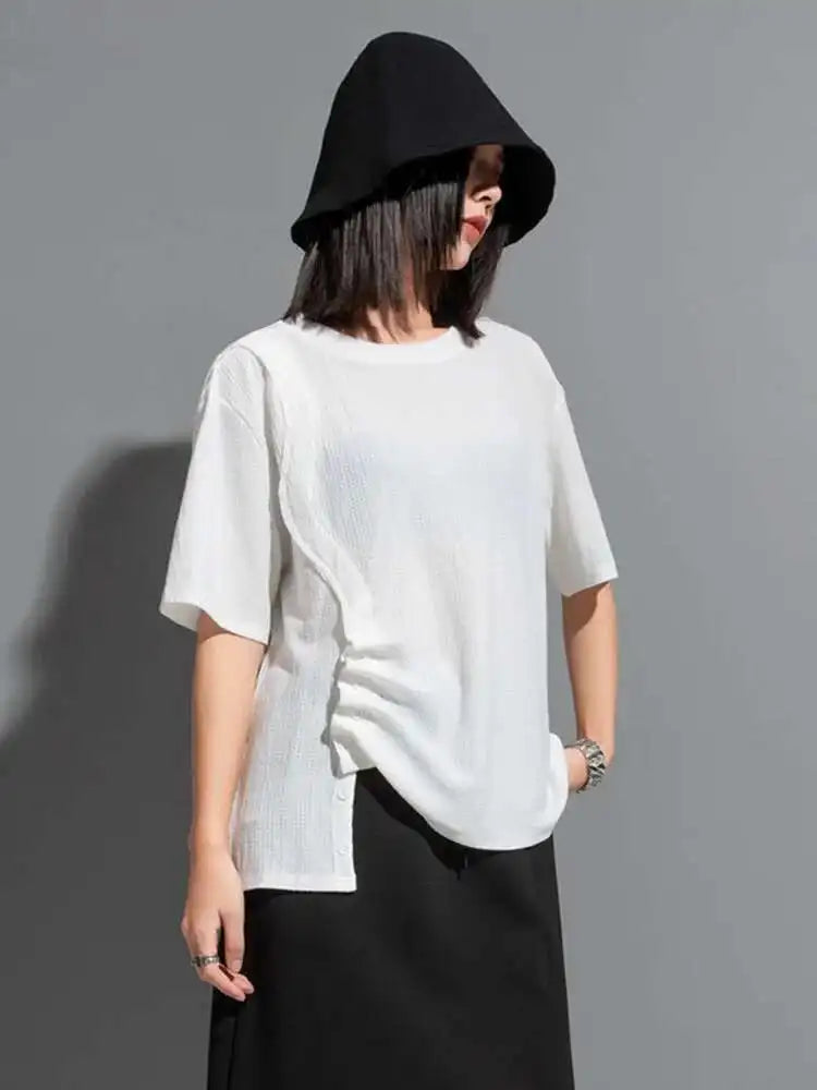 Women White Irregular Pleated Big Size Casual T-shirt New Round Neck Short Sleeve Fashion Tide Spring Summer 2025 1DF8661