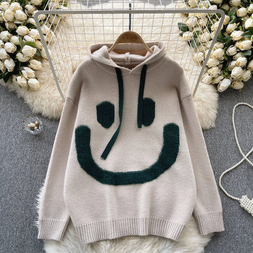 Load image into Gallery viewer, Women Patchwork Smiling Face Pullover Sweater Korean Loose Long Sleeve Casual Autumn Winter Thick Warm Knitted Hooded Tops Trend
