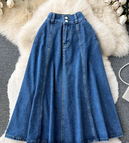 Summer Women Retro High Waist Blue Denim Skirts A Line Casual High Elastic Waist Streetwear Midi Pleated Button Jeans Skirt Chic