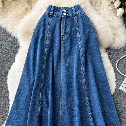 Load image into Gallery viewer, Summer Women Retro High Waist Blue Denim Skirts A Line Casual High Elastic Waist Streetwear Midi Pleated Button Jeans Skirt Chic
