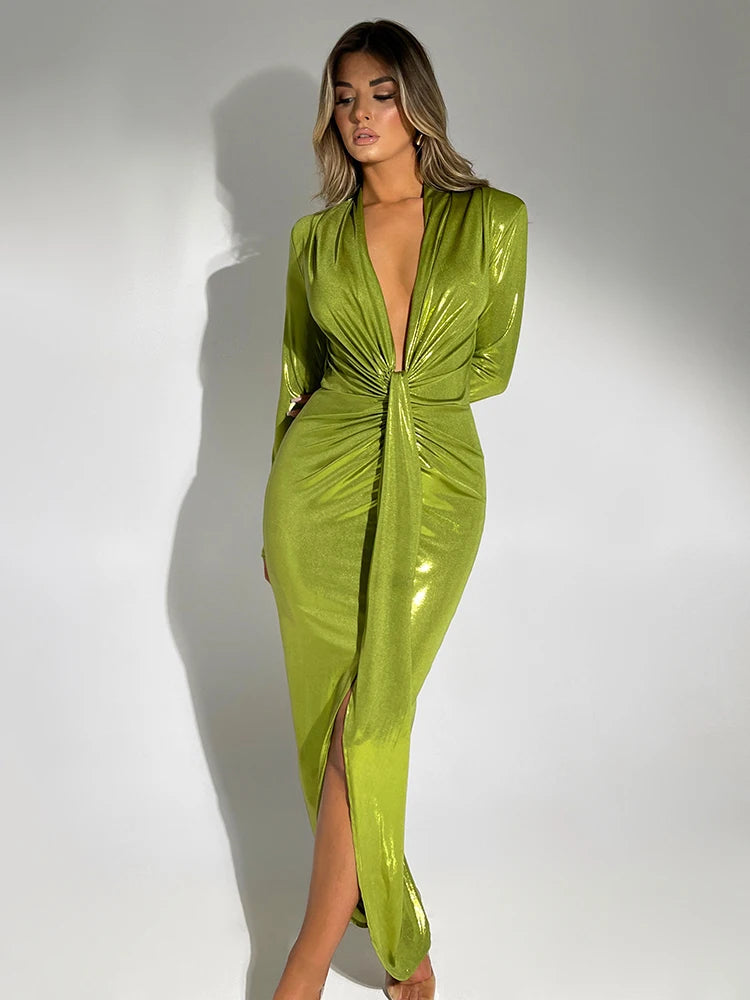 Sexy Deep V Long Sleeve Lace Up Pleated Dress For Women Bodycon Split Metal Color Winter Party Club Evening Vestidos