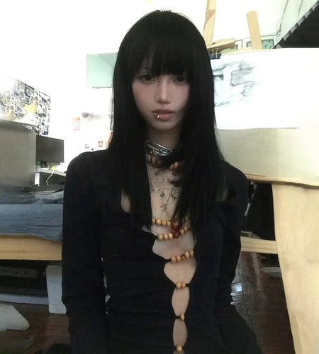 Japanese Y2k Hollow Out Tops Vintage Harajuku Beaded T Shirt 2000s Aesthetics Long Sleeve Slim T-shirts American Retro