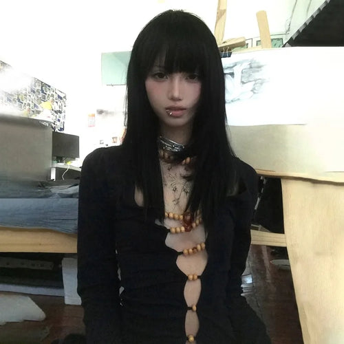 Japanese Y2k Hollow Out Tops Vintage Harajuku Beaded T Shirt 2000s Aesthetics Long Sleeve Slim T-shirts American Retro