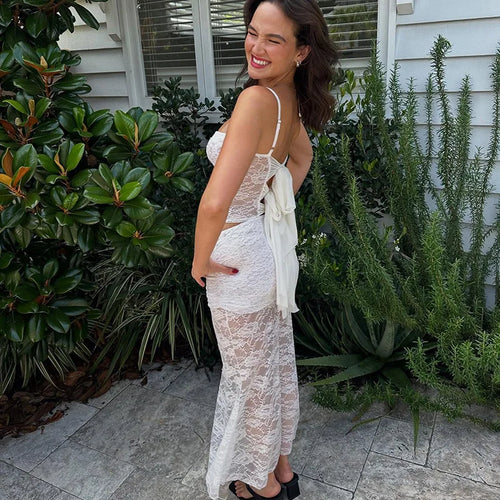 Load image into Gallery viewer, White Lace Sexy Two Piece Sets Woman Halter Top And Long Maxi Skirt Ladies Fashion Sheer Mesh Elegant Matching Sets
