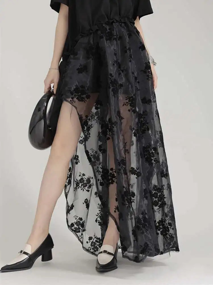 High Waist Black Lace Organza Perspective A-line Half-body Skirt Women Fashion Tide New Spring Autumn 2025 1DH6041