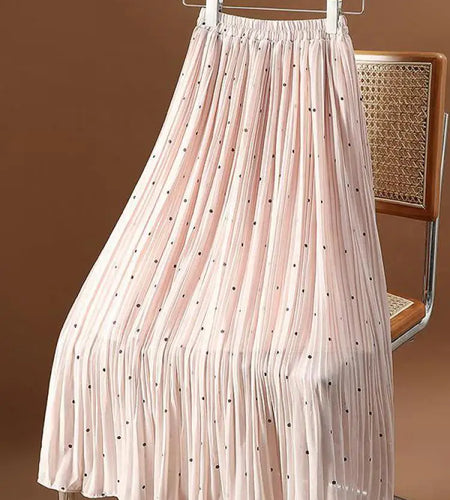 Women Dot Pleated Skirts Women Summer High Waist Midi Office Skirt Womens High Street Elastic Waist Long Skirt Femme Vintage New