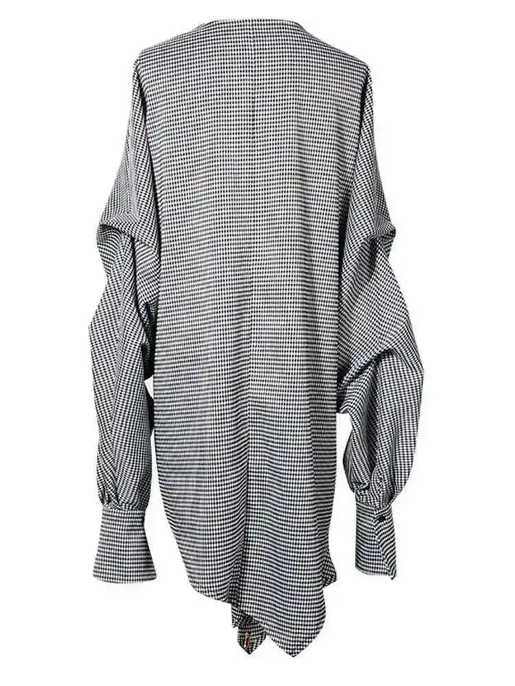 Women Black Plaid Irregular Stitch Big Size Dress New V-Neck Long Sleeve Loose Fit Fashion Tide Spring Autumn 2025 JG892