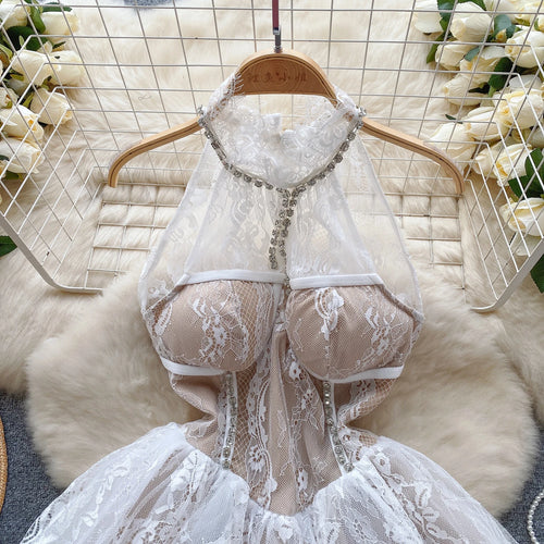 Load image into Gallery viewer, French Vintage 2023 Summer New White Sleeveless Diamond Lace Hanging Neck Short Dress Sexy Club Off Shoulder Party Mini Dresses
