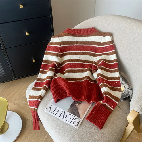 Load image into Gallery viewer, Autumn Winter Red Bright Silk Patchwork Cardigan Sweaters Women Black Striped Long Sleeve Loose Round Neck Knited Tops Outerwear
