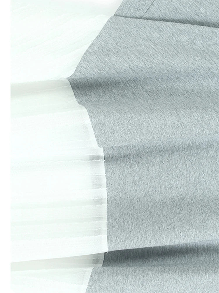 Women Gray White Color-block Irregular Big Size T-shirt New Round Neck Short Sleeve Fashion Spring Summer 2025 1DJ1583