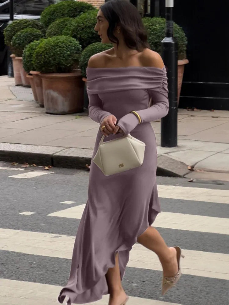 Elegant Off Shoulder Bodycon Long Sleeve High Split Party Evening Dress Women 2025 Spring New Slim Irregular Vestido