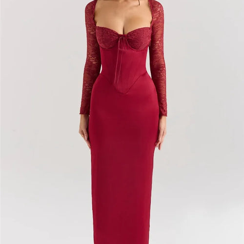 Load image into Gallery viewer, Backless Long Sleeve Sexy Maxi Dress For Women Solid Square Collar Lace-up Back Split Bodycon Club Long Dress Elegant
