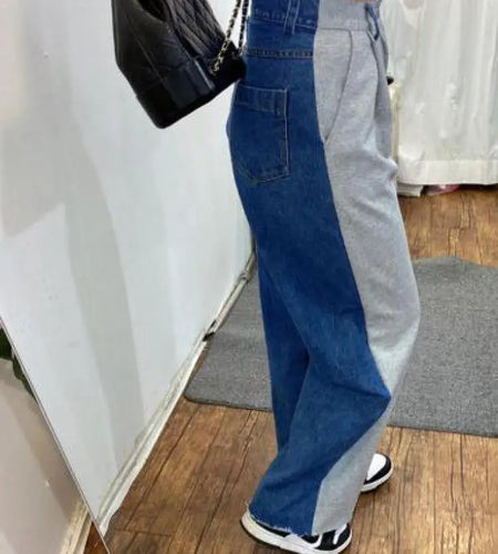 Autumn Vintage Y2k Baggy Blue Grey Patchwork Straight Jeans Women Harajuku Casual Denim Trousers Streetwear Wide Leg Pants Trend