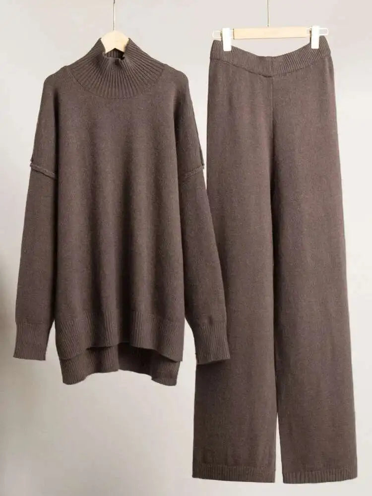 Big Size Red Sweater Wide Leg Pants Two Piece Suit New Turtleneck Long Sleeve Women Fashion Spring Autumn 2025 1DH8550