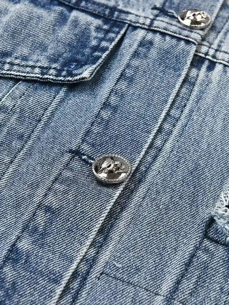 Loose Fit Blue Denim Burr Big Size Casual Jacket New Lapel Long Sleeve Women Coat Fashion Tide Spring Autumn 2025 CP2143