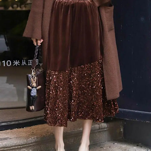 Load image into Gallery viewer, Autumn Winter Vintage Patchwork Sequin Wrap Hip Long Velvet Skirts Women's 2024 Elegant High Waist Pleated Fishtail Skirt French
