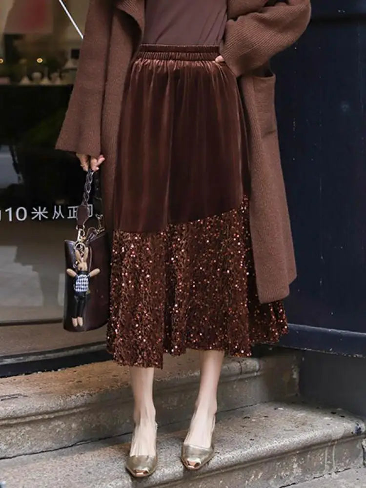 Autumn Winter Vintage Patchwork Sequin Wrap Hip Long Velvet Skirts Women's 2024 Elegant High Waist Pleated Fishtail Skirt French
