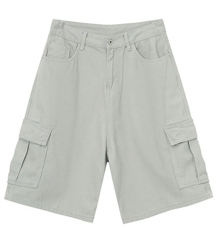 Summer New Trendy Men's Denim Shorts Retro Washed Wide Leg Short Jeans Straight Solid Color Male Casual Bottoms 9C6402