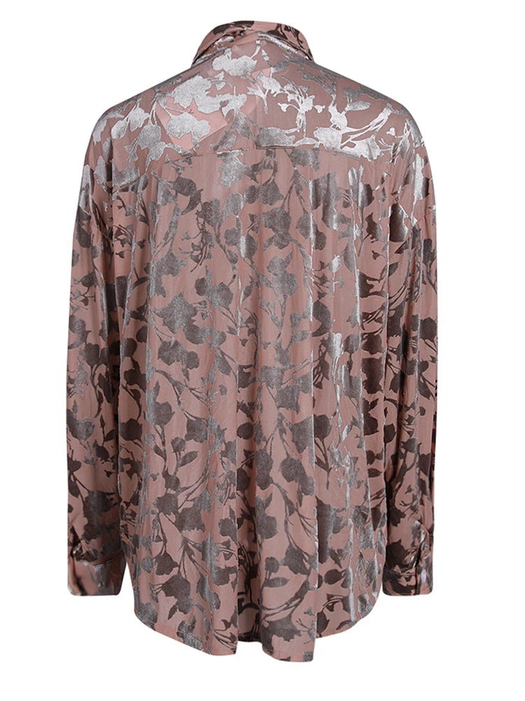 Women Pattern Printed Flocking Big Size Elegant Blouse New Lapel Long Sleeve Shirt Fashion Tide Spring Autumn 2025 CPG2802