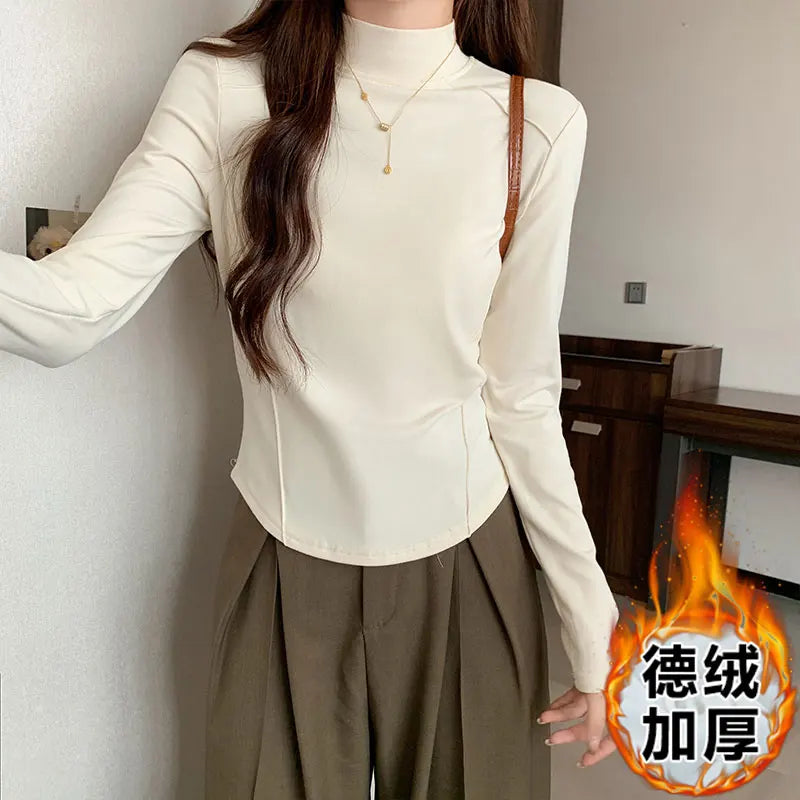 2024 Women Pullover Half Turtleneck Sweater Autumn Winter Long Sleeve Slim Korean Simple Basic Solid Elegant Tops Vintage Trend