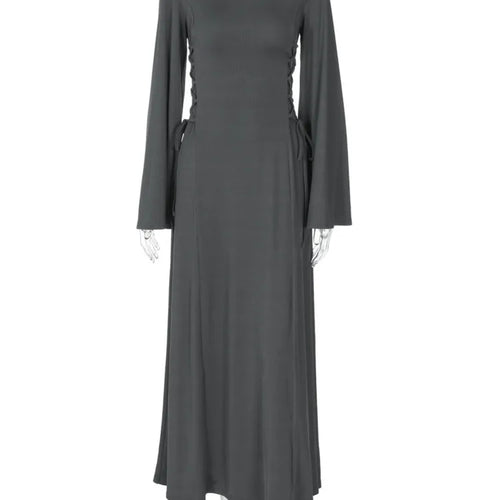 Load image into Gallery viewer, Ribbed Bandage Sexy Maxi Dress For Women Solid Lace-up O Neck Long Sleeve High Waist Elegant Long Dress Fashion
