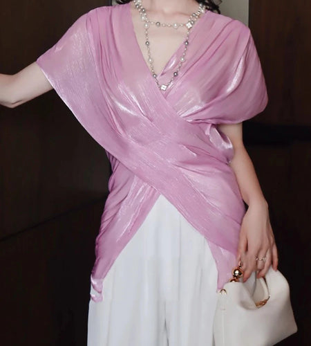 Slimming Sheer Spliced Folds Elegant Blouses for Women V Neck Sleeveless Tunic Fashion Blouse Female Clothing New