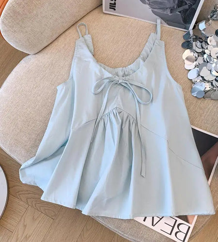 Summer New Women Beige Sleeveless Slip Tops Korean Office Lady Blue Round-neck Sexy Club Slim Lace-up Vest Streetwear Versatile