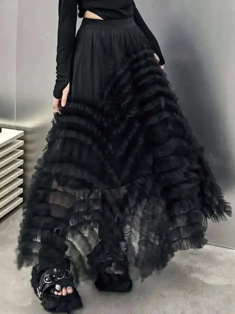 High Elastic Waist Black Layers Mesh Shaped Elegant Half-body Skirt Women Fashion Tide New Spring Autumn 2025 1DH4808
