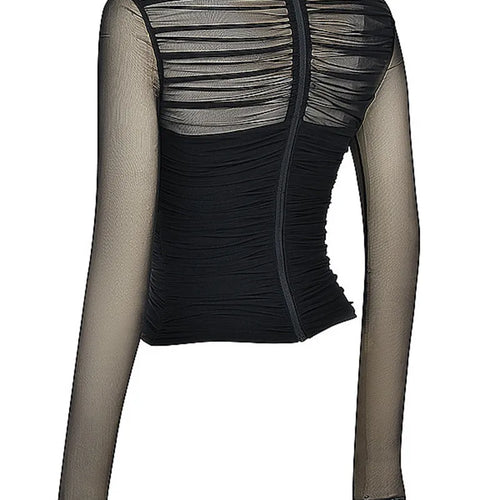 Load image into Gallery viewer, Sheer Mesh Long Sleeve Sexy T-shirt Women 2023 Autumn New V Neck Zipper Layered Skinny Club Party Sexy Tops
