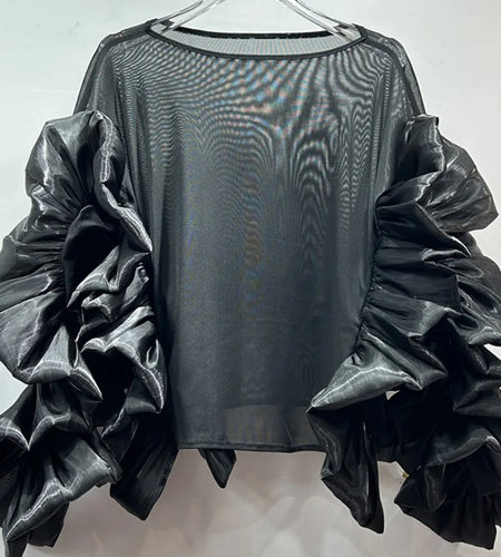 Women White Mesh Perspective Ruffles Big Size T-shirt New Round Neck Long Sleeve Fashion Tide Spring Autumn 2025 1DJ0036