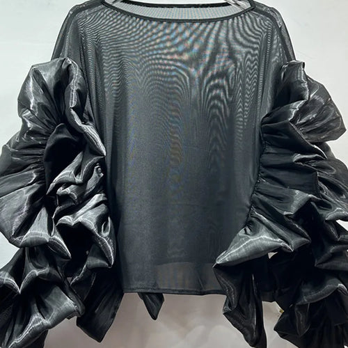 Load image into Gallery viewer, Women White Mesh Perspective Ruffles Big Size T-shirt New Round Neck Long Sleeve Fashion Tide Spring Autumn 2025 1DJ0036
